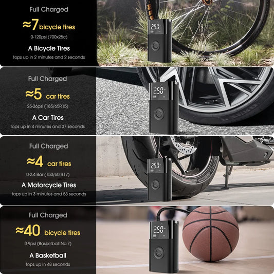 Portable Air Compressor Pump - Wireless, Fast Inflation for Motorcycle & Car Tires