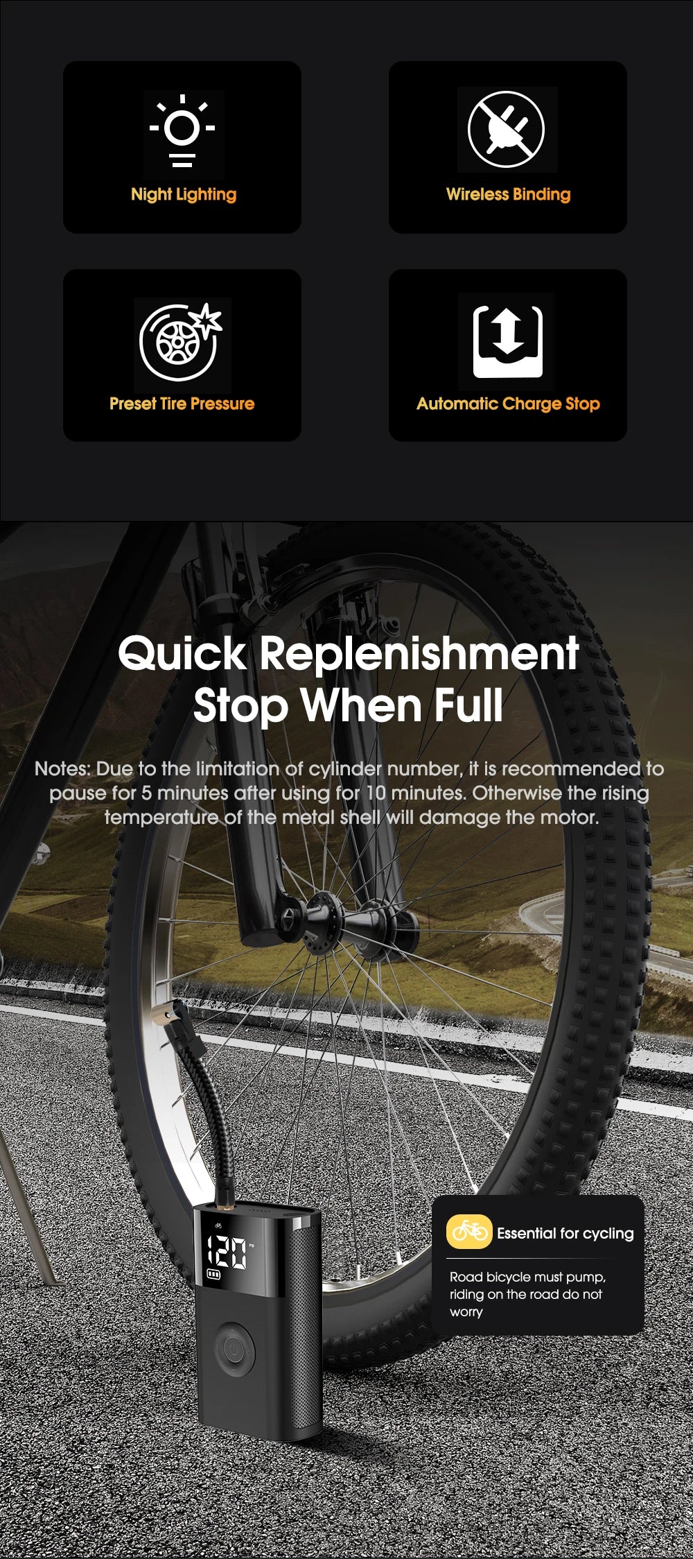 Portable Air Compressor Pump - Wireless, Fast Inflation for Motorcycle & Car Tires