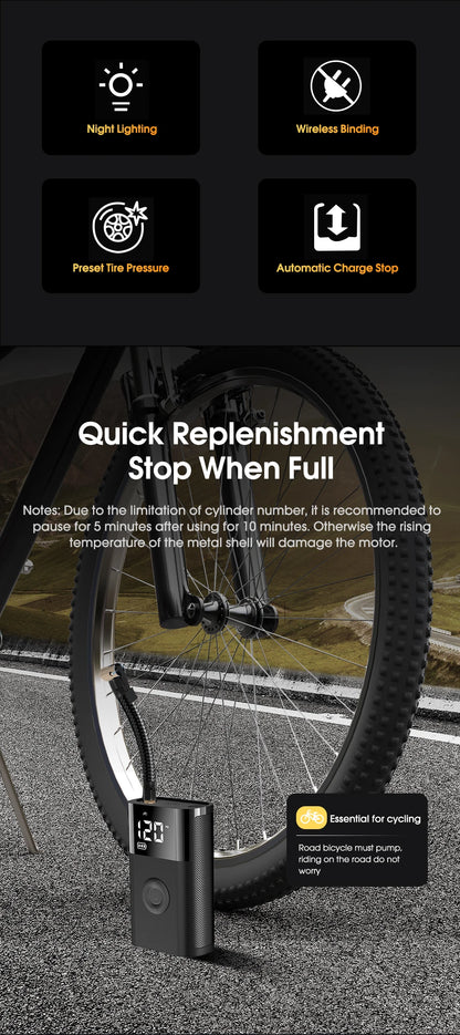 Portable Air Compressor Pump - Wireless, Fast Inflation for Motorcycle & Car Tires