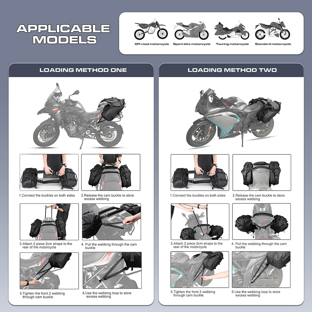 Double Motorcycle Saddle Bags - 48L Total, Waterproof & Anti-Vibration